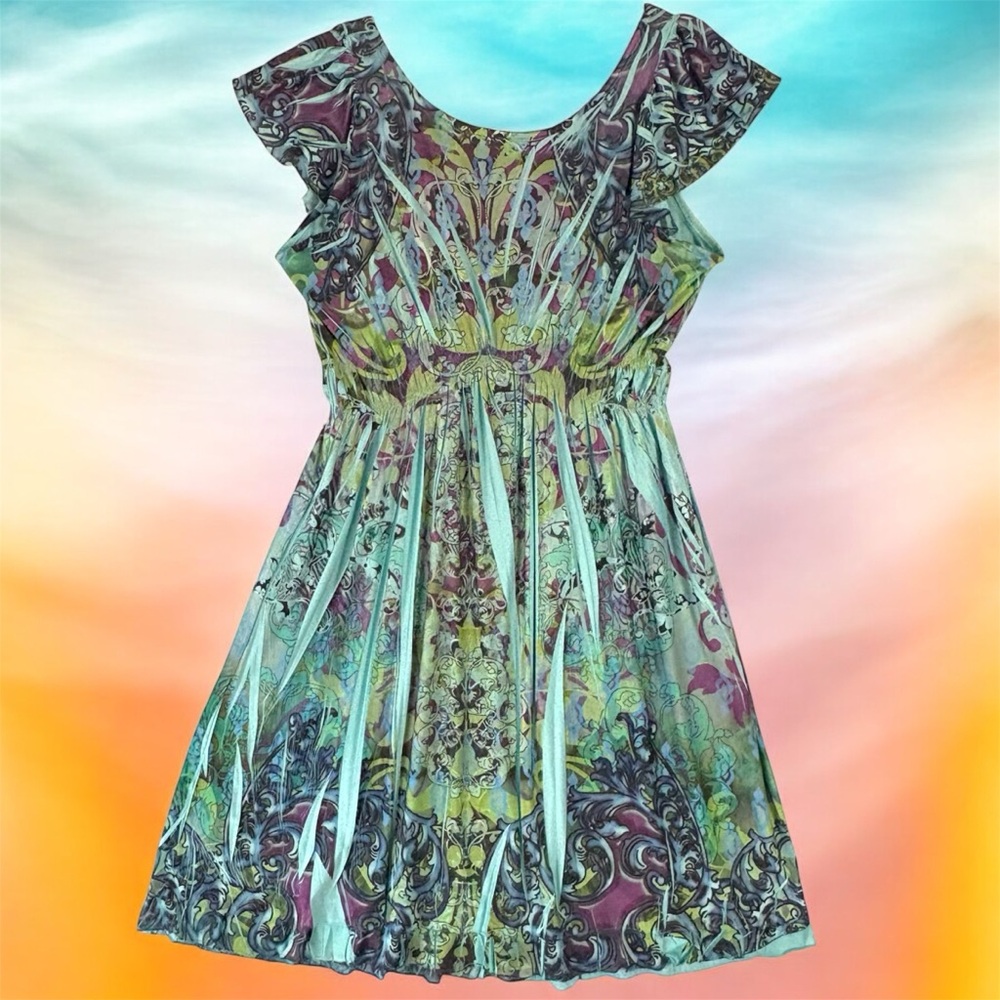 Apt. 9 Multicolor Print Green Lace Babydoll Women's Dress Medium Y2K Fairycore - Picture 3 of 6